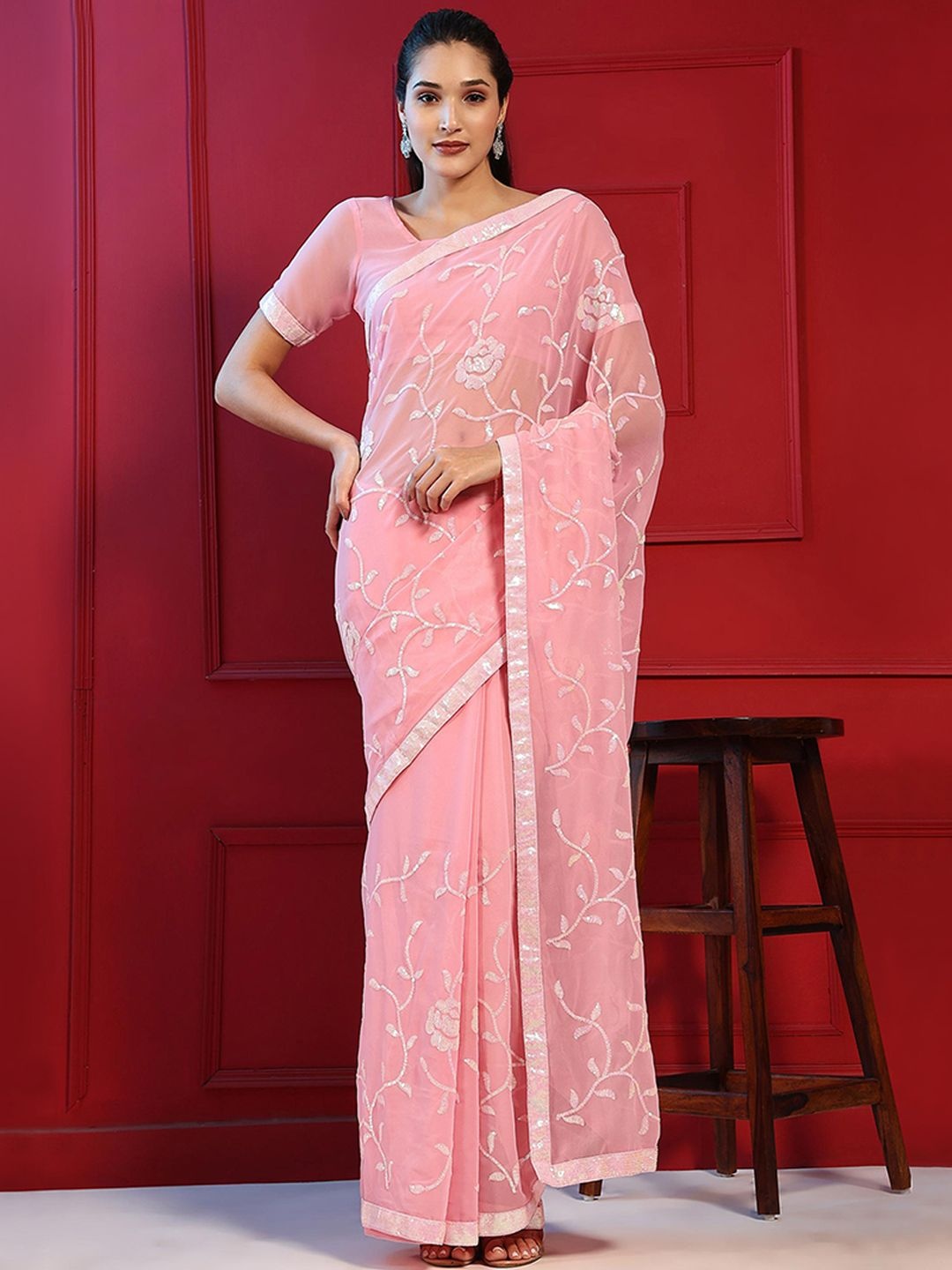 

Peachmode Floral Beads and Stones Pure Georgette Saree, Pink
