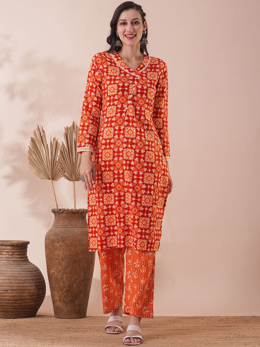 

FASHOR Women Ethnic Motifs Printed Regular Pure Cotton Kurta with Trousers, Orange