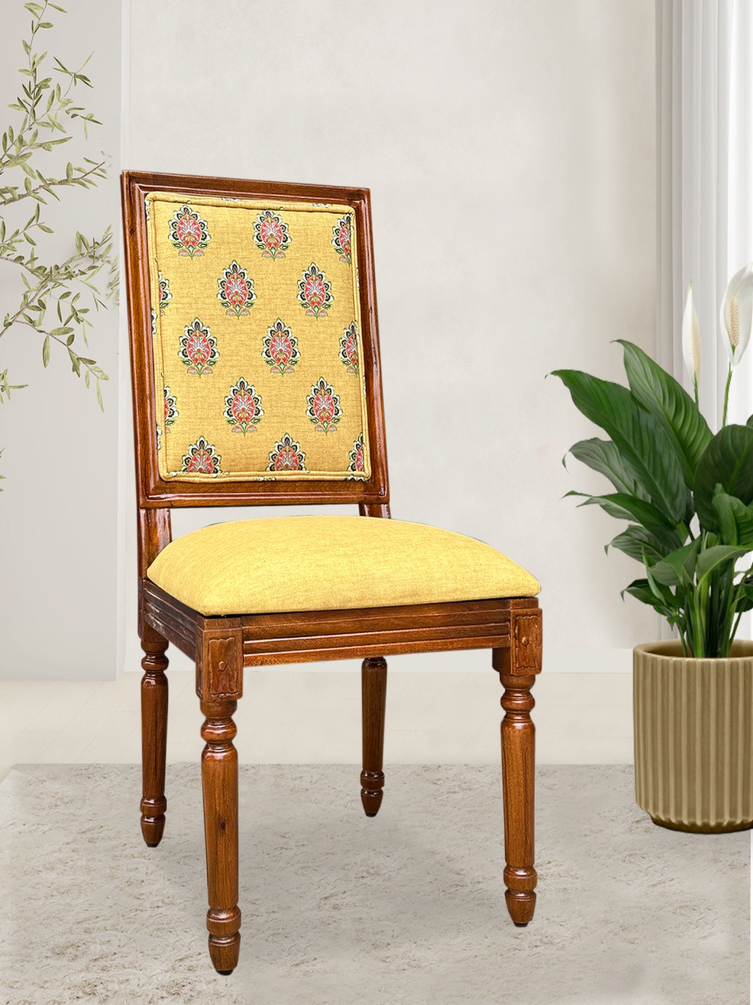

GLOBALLY INDIAN Yellow & Brown Printed Vintage-Style Wooden Lounge Chair