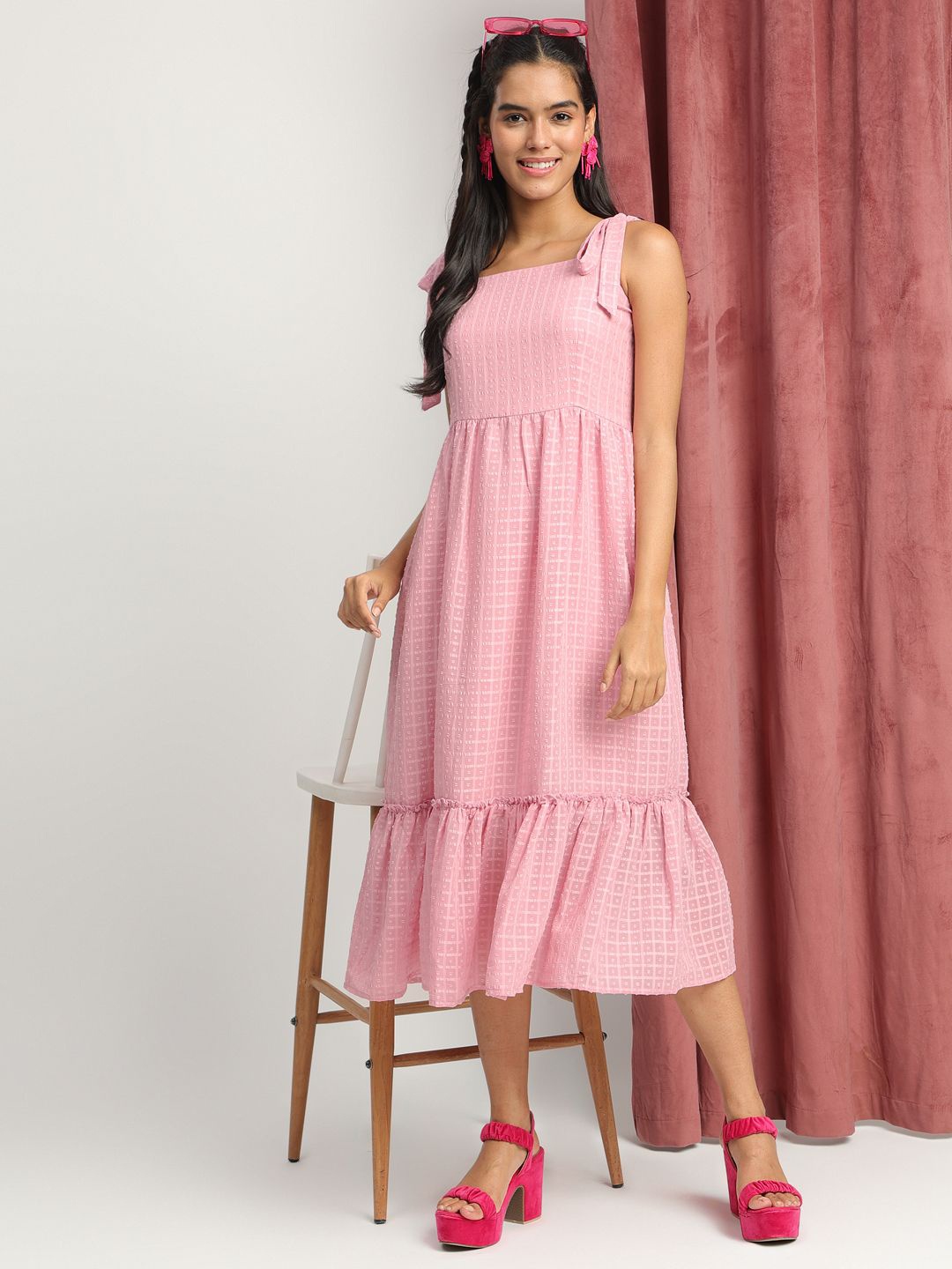 

FASHVERSE Georgette A-Line Midi Dress, Pink