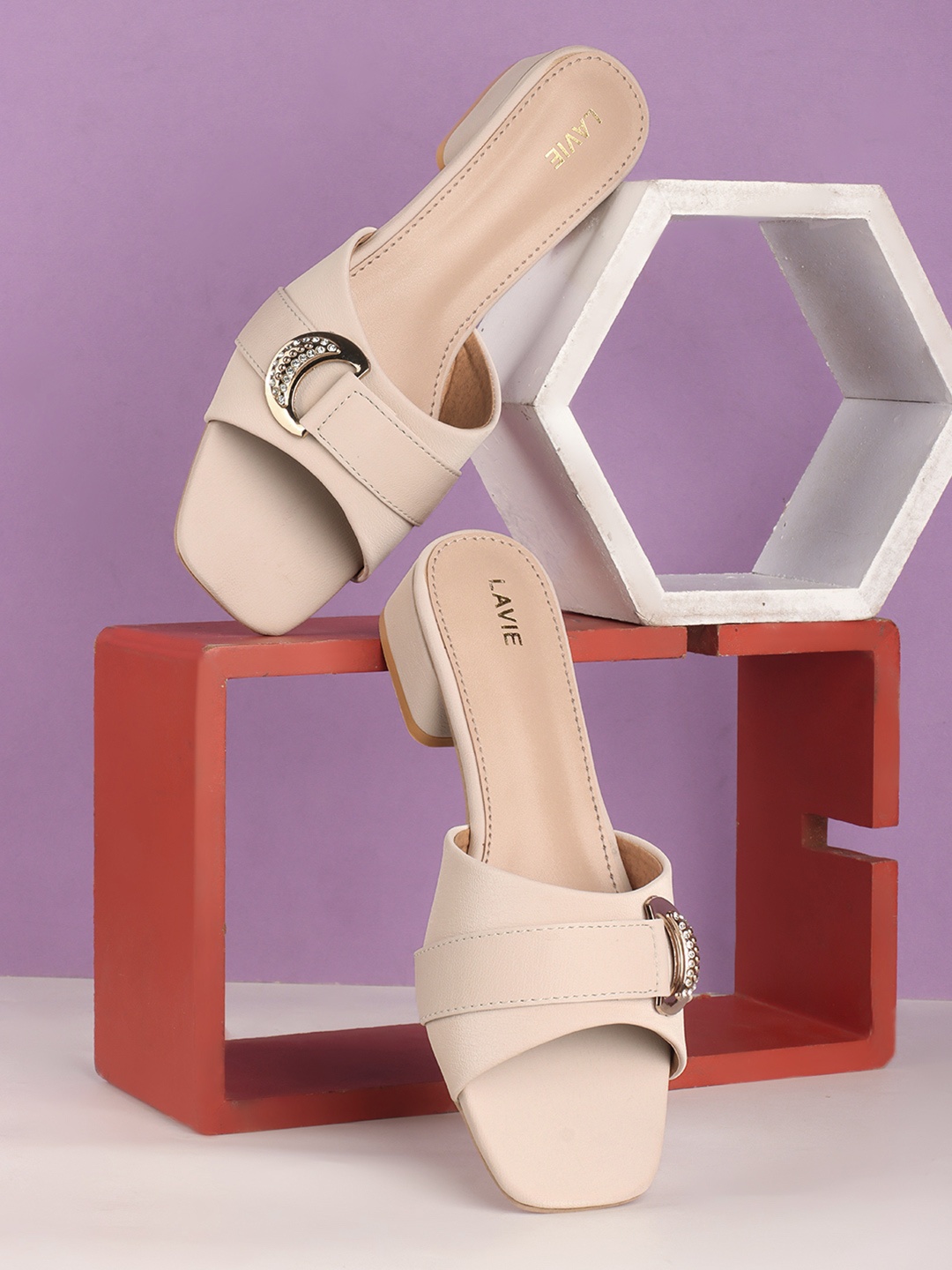 

Lavie Embellished PU Block Sandals, Off white
