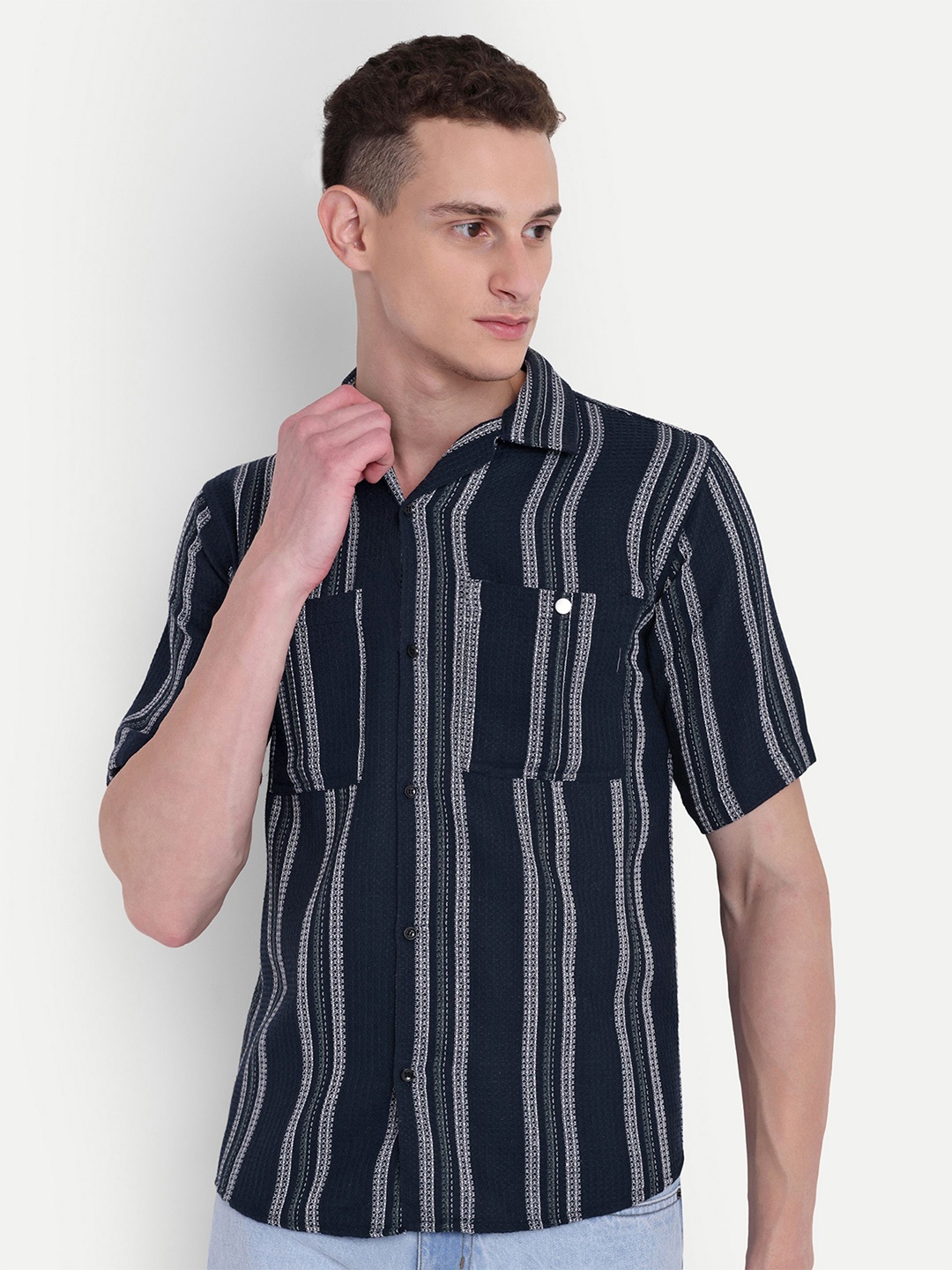

Moda Rapido Men Classic Opaque Striped Casual Shirt, Blue