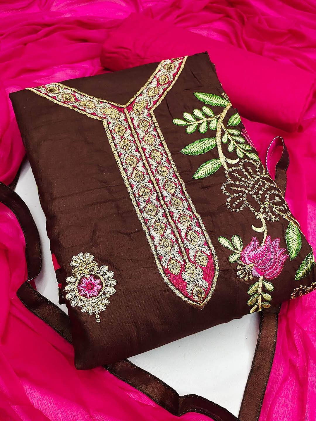 

SAINOOR Embroidered Semi-Stitched Dress Material, Brown