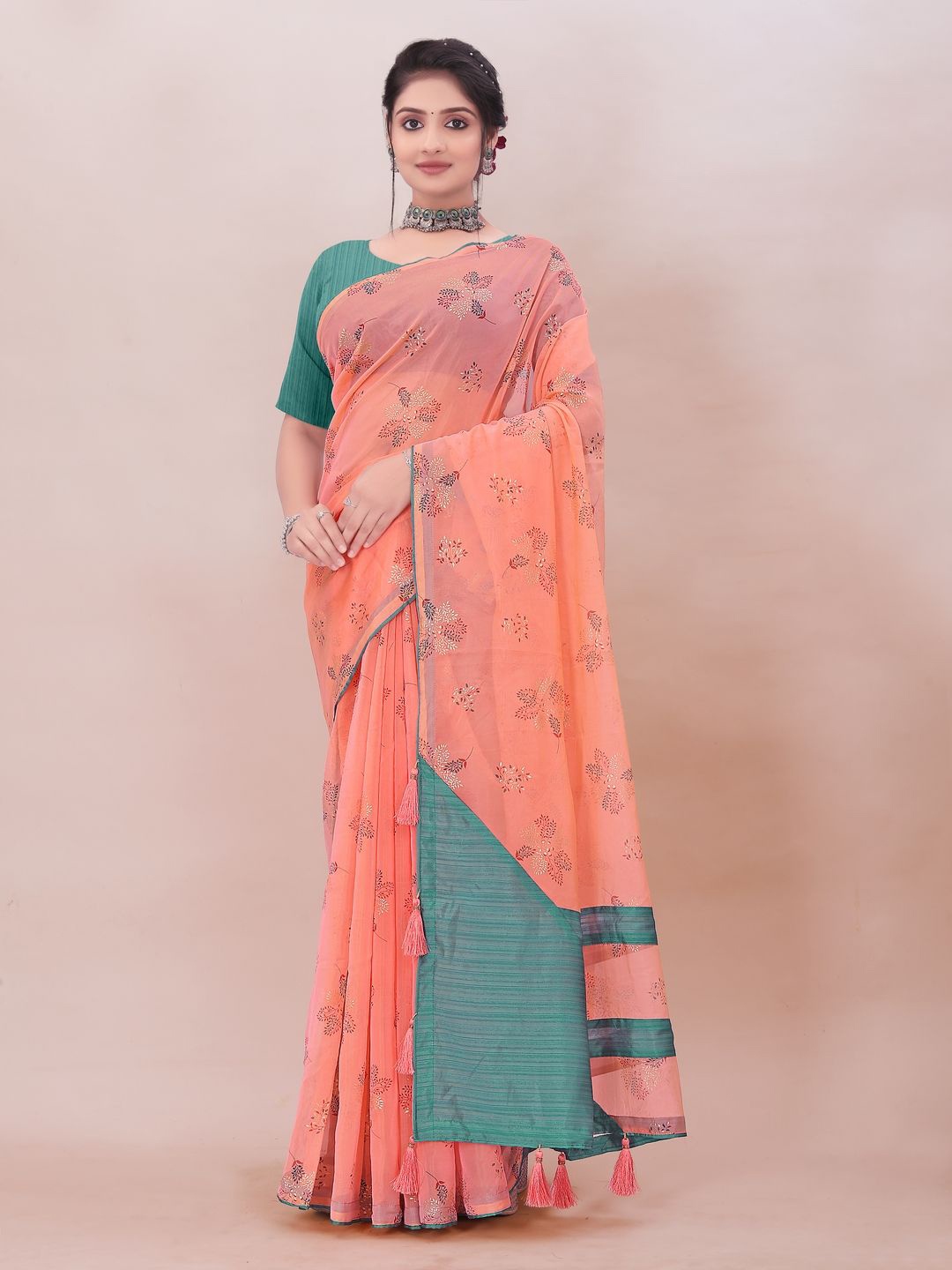 

Suha Floral Organza Saree, Peach