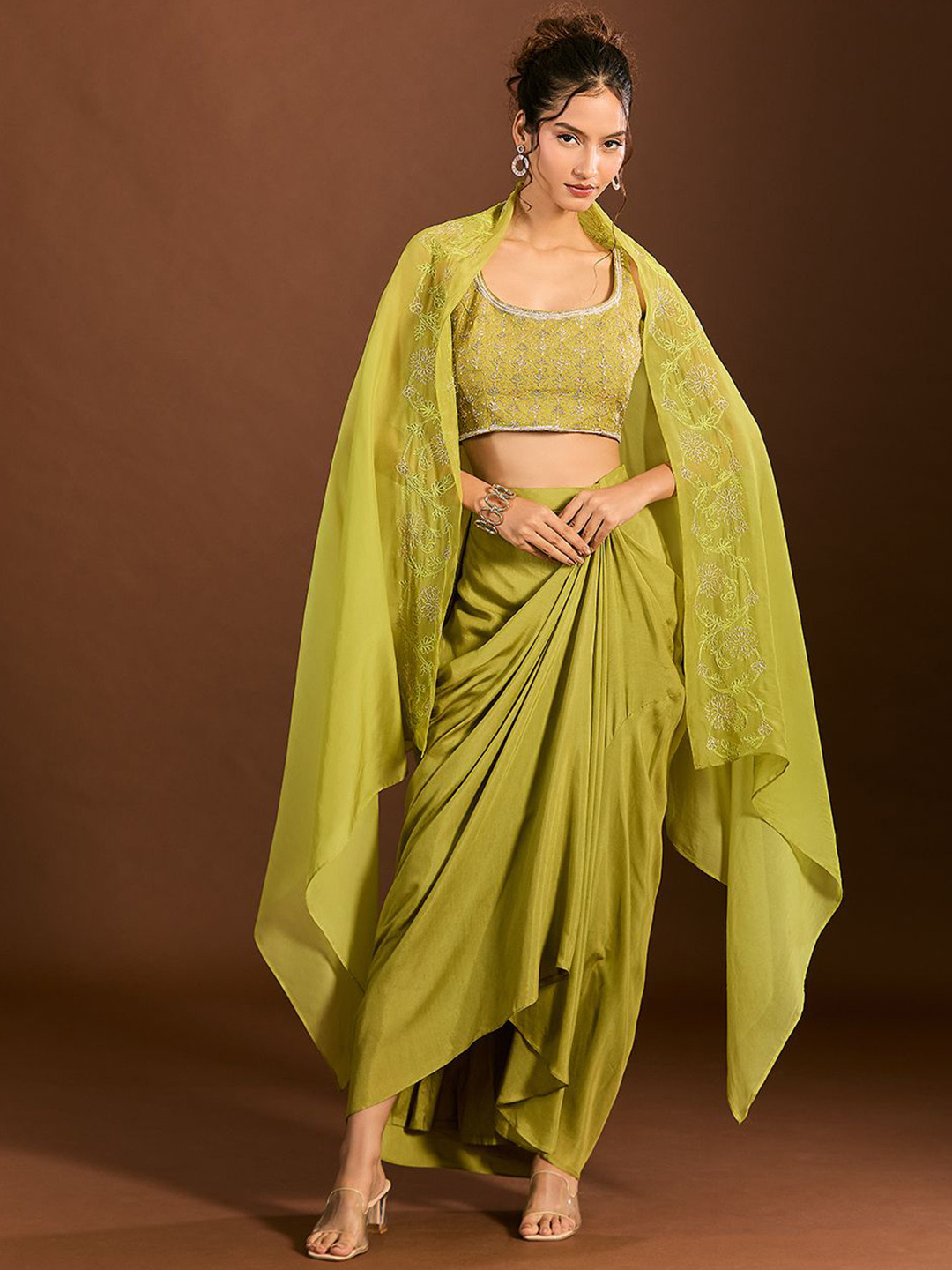 

Mystake By Meghna Shah Embroidered Sleeveless Blouse With Skirt & Dupatta Co-Ords, Green