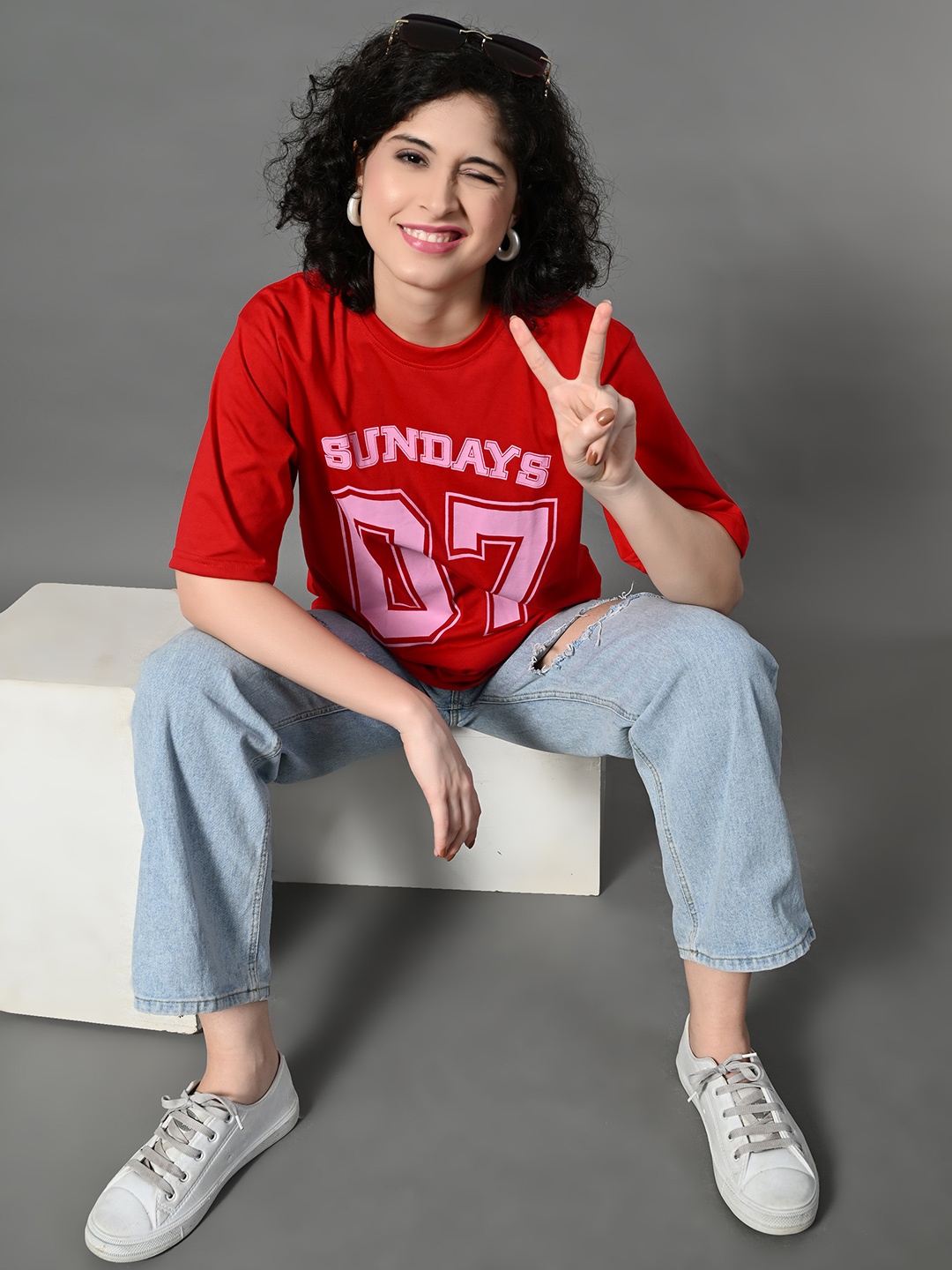

CORSICA Women Typography Printed Drop-Shoulder Sleeves Bio Finish T-shirt, Red