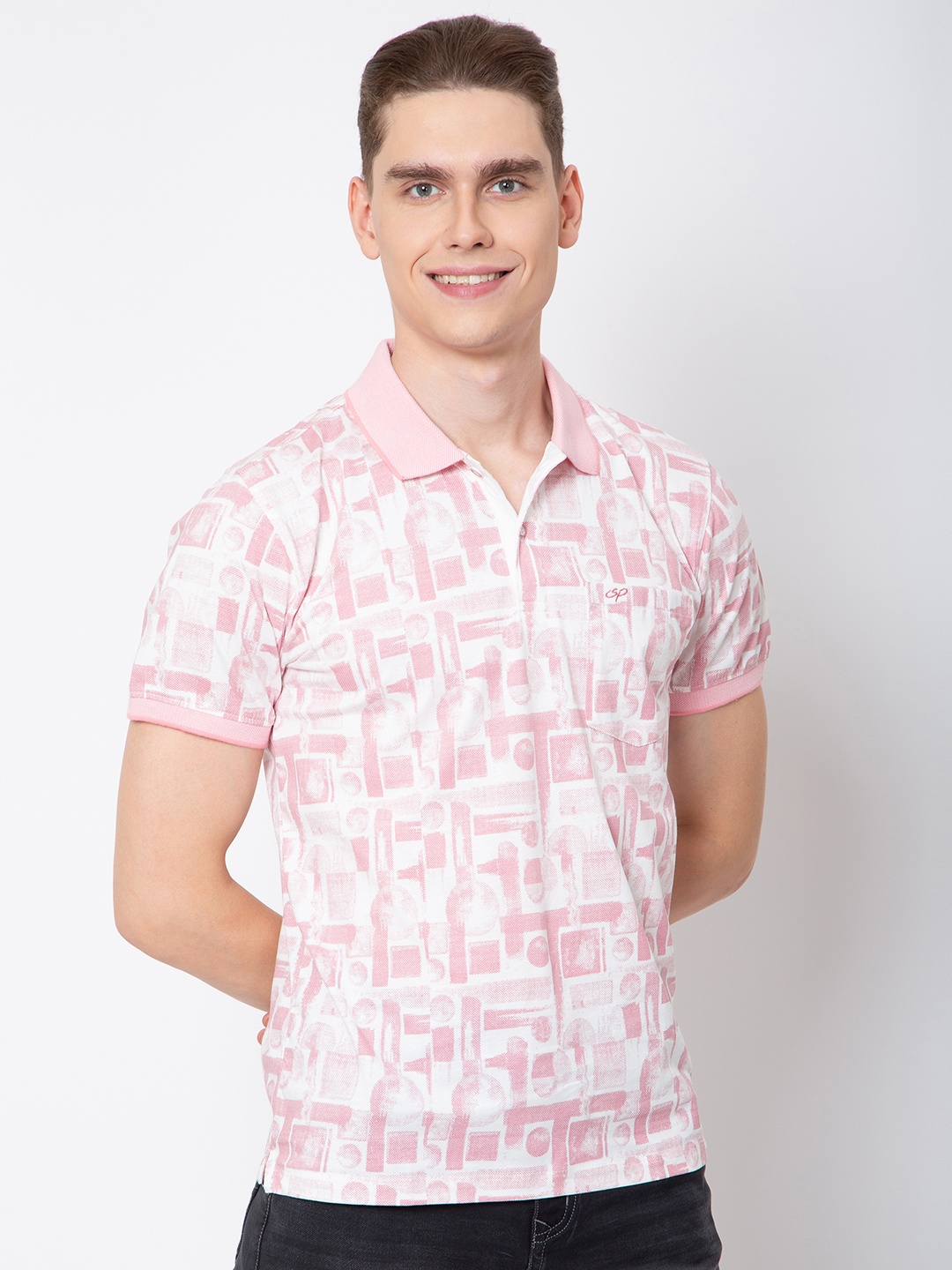 

Sparky Men Striped Polo Collar Pockets Slim Fit T-shirt, Pink