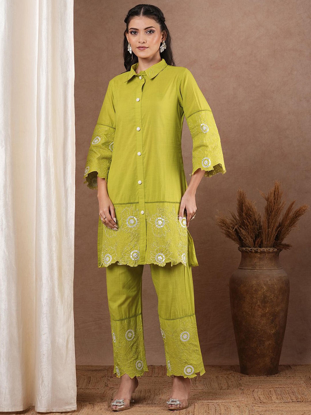 

FASHOR Embroidered Pure Cotton Straight Fit Top & Trousers Co-Ords, Lime green