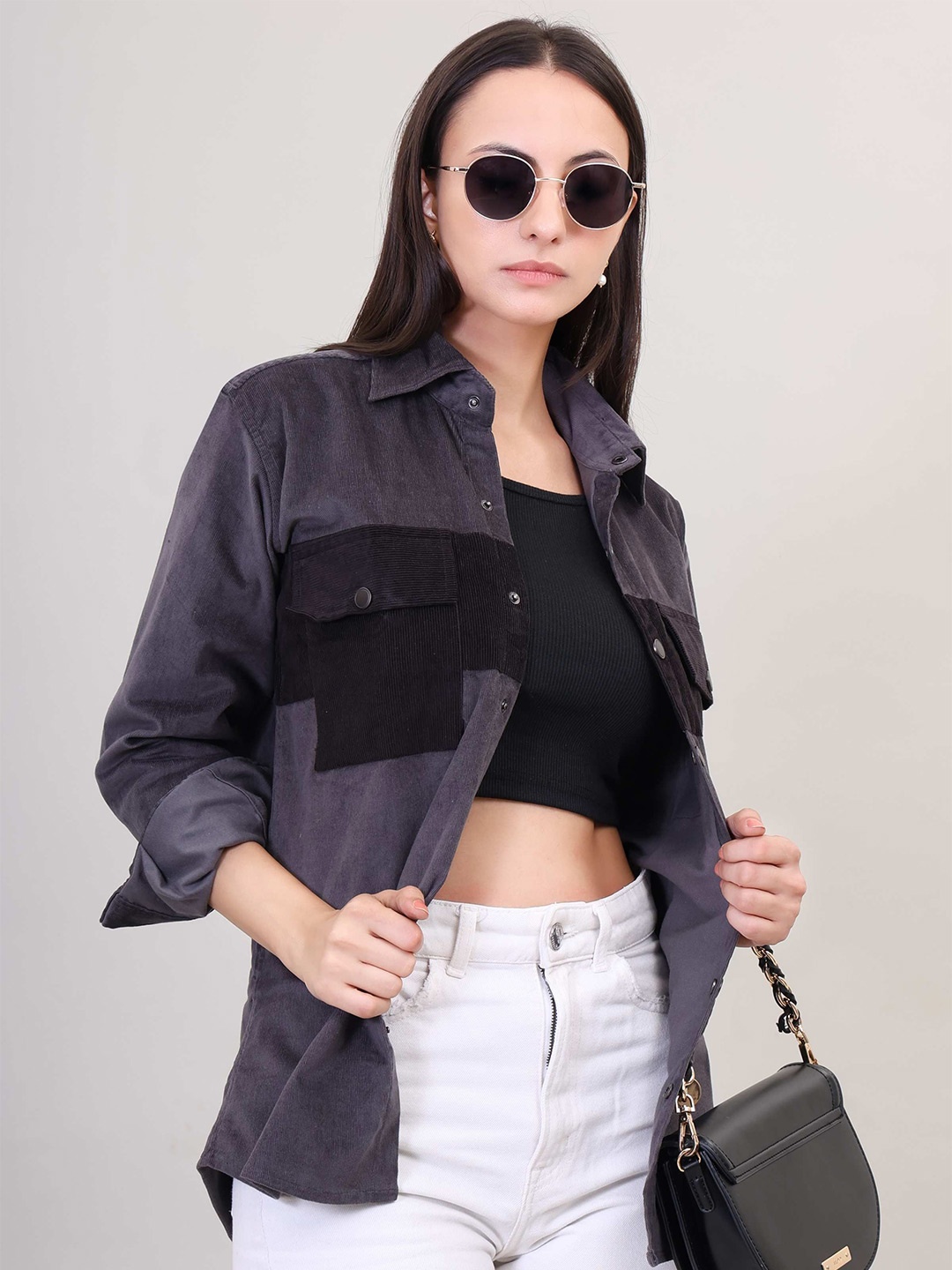 

FARZIDARZI Women Standard Opaque Colourblocked Casual Shirt, Grey