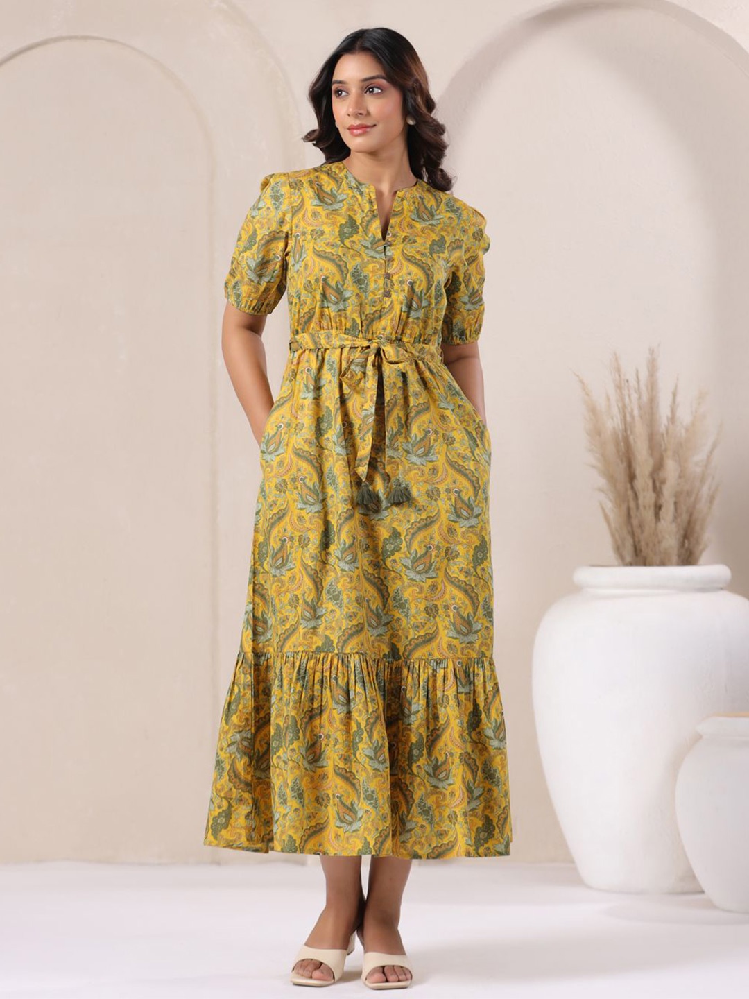 

Zenava by Myntra Print Fit & Flare Maxi Dress, Mustard