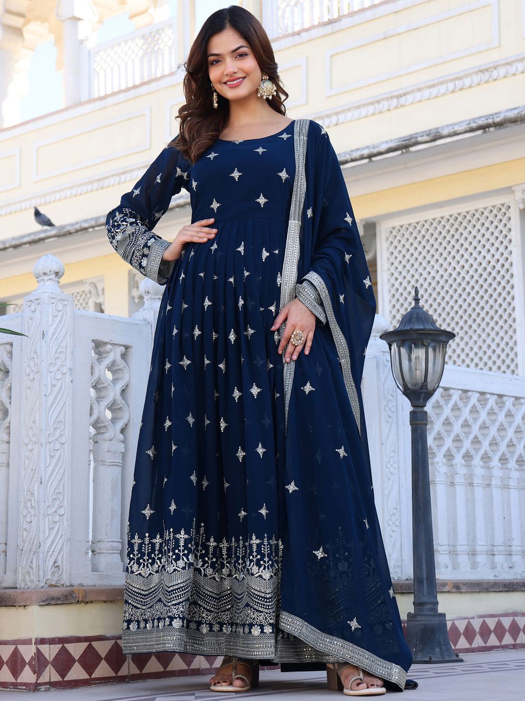 

KALINI Embroidered Round Neck Ethinc Dress With Dupatta, Turquoise blue