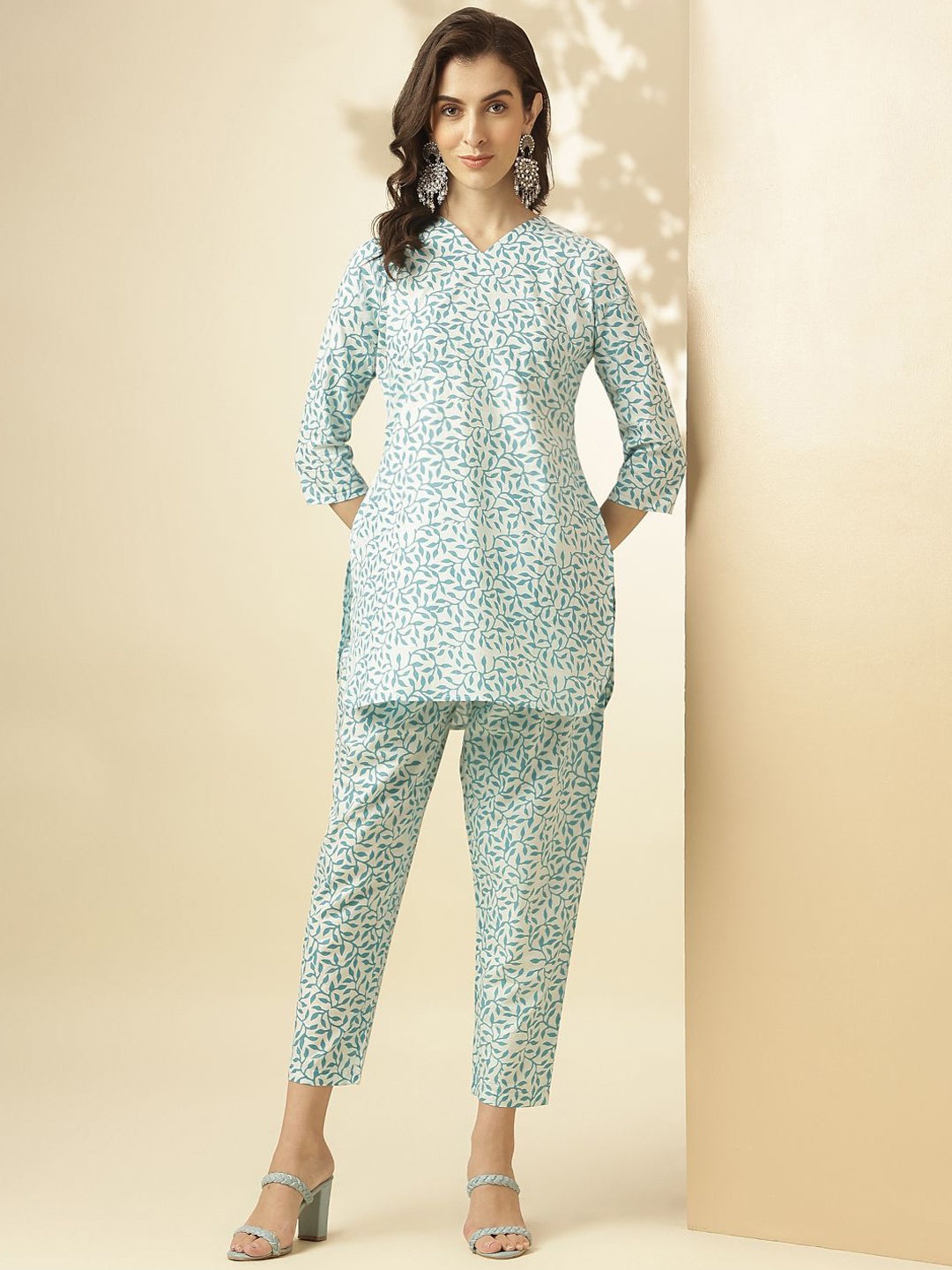 

The Roadster Lifestyle Co Printed Pure Cotton Tunic & Trouser Co-ord, Blue