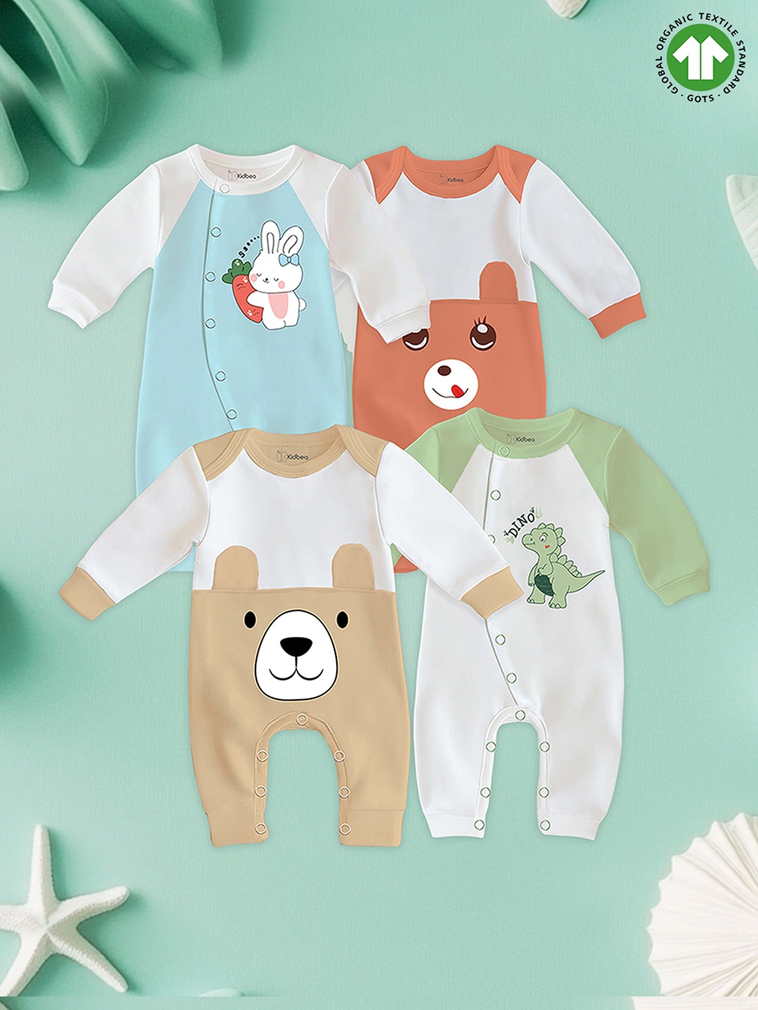 

Kidbea Infants Pack Of 4 Pure Organic Cotton Rompers, Blue
