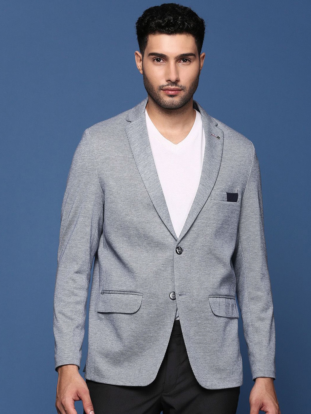 

SHOWOFF Self Design Cotton Notched Collar Slim Fit Singe Breasted Blazer, Navy blue