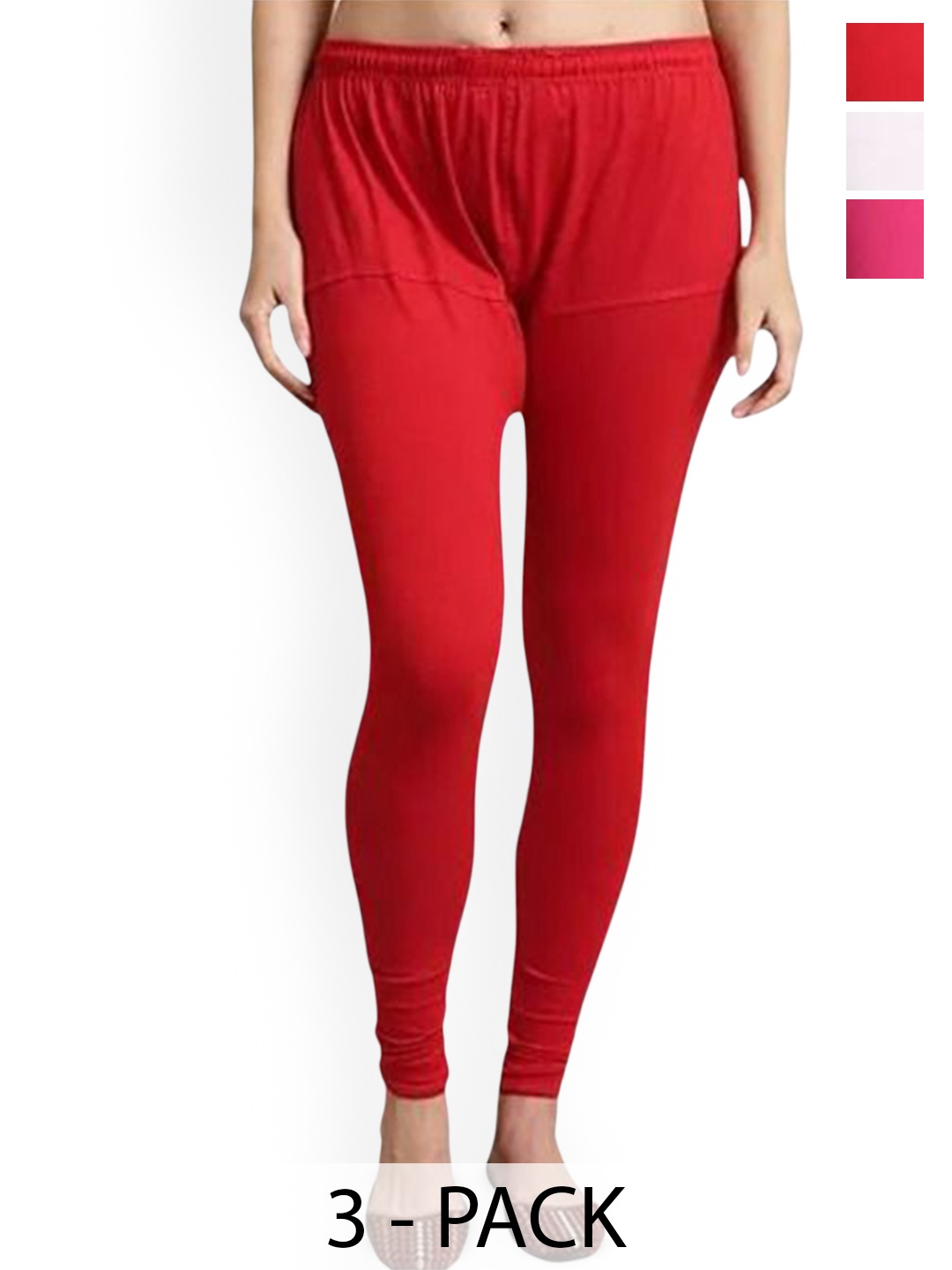 

URBAN KANYA Pack Of 3 Mid-Rise Churidar-Length Leggings, Red