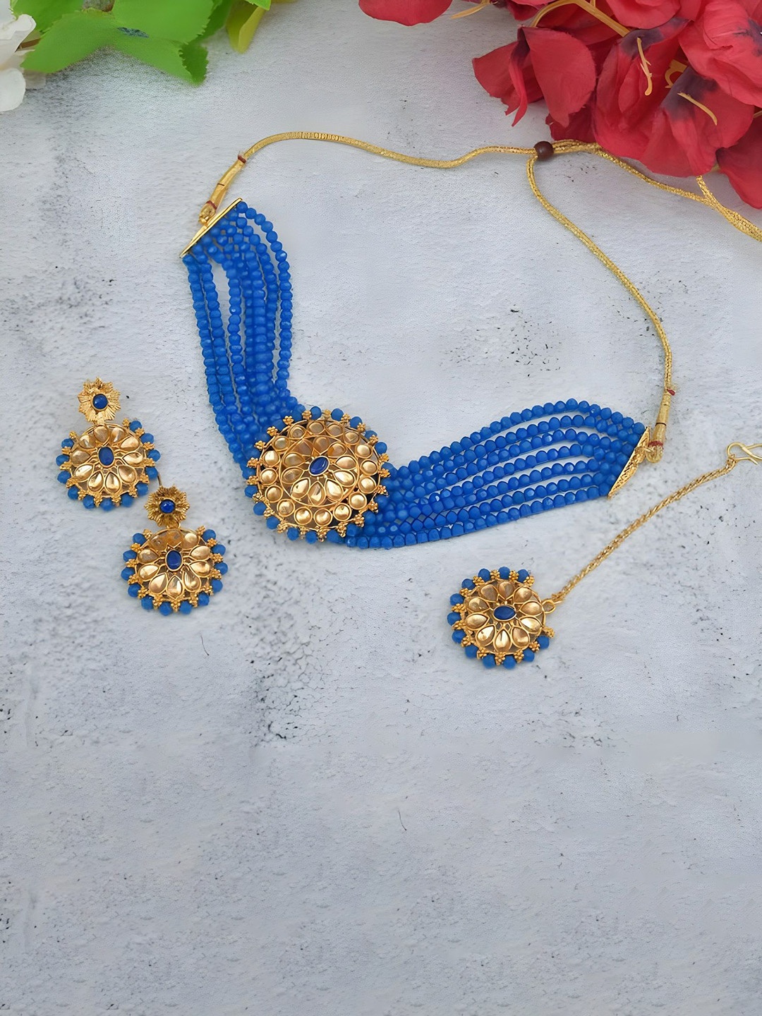 

JMBW INTERNATIONAL Set Of 2 Gold Plated Stone Studded & Beaded Jewellery Sets