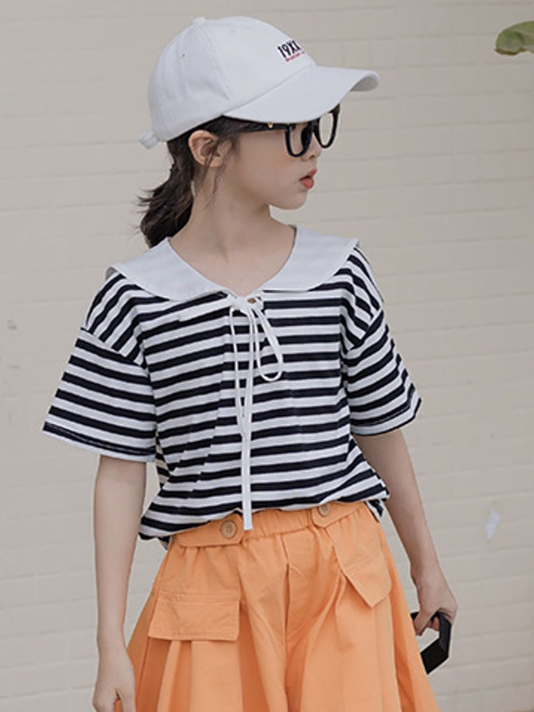 

LULU & SKY Girls Striped V-Neck Drop-Shoulder Sleeves Monochrome Pockets T-shirt, Black