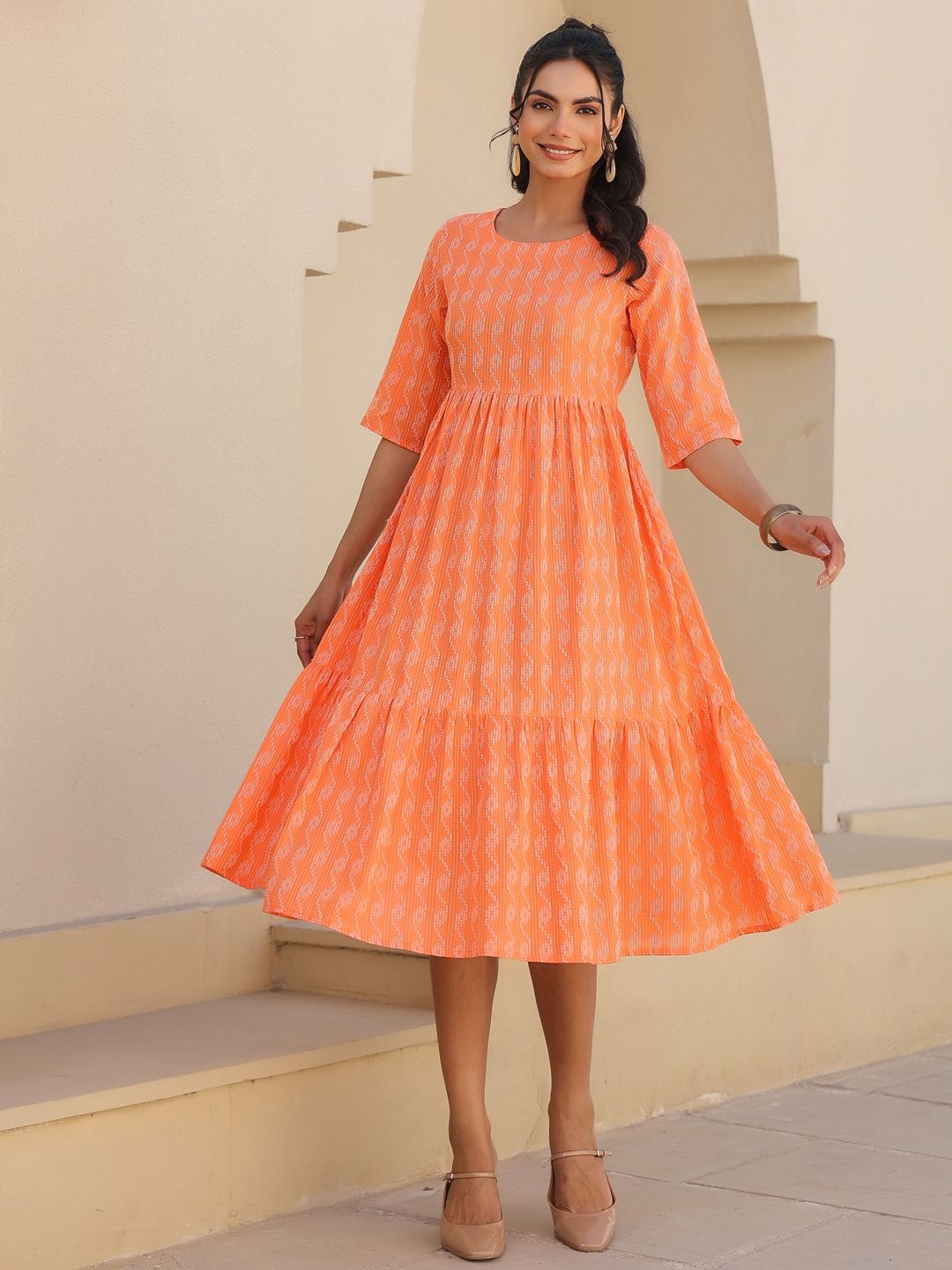 

Janasya Women's Orange Pure Cotton Woven Design Tiered Western Dress
