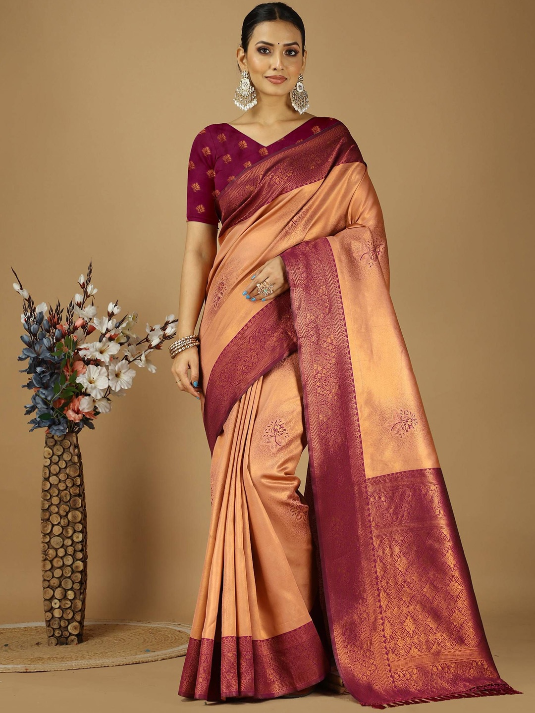 

HERE&NOW Woven Design Zari Art Silk Banarasi Saree, Peach