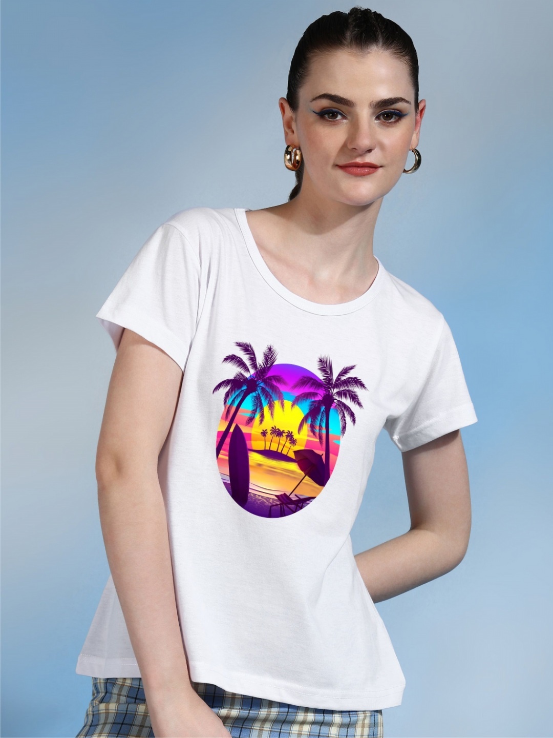 

Moda Rapido Women Printed Tropical Bio Finish Applique T-shirt, White