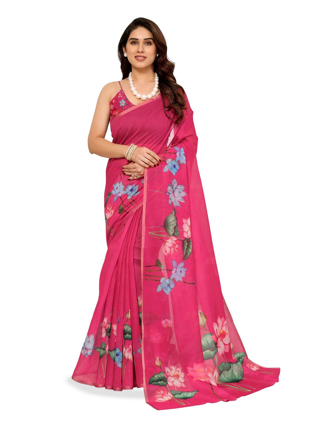 

Moda Rapido Floral Zari Saree, Pink
