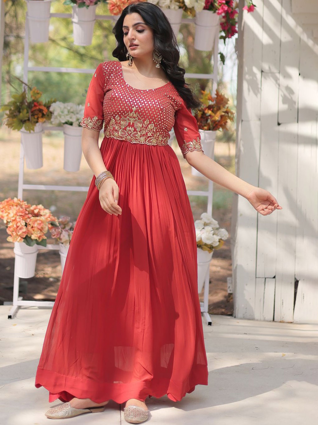 

Wedani Floral Embroidered Round Neck Sequinned Georgette Ethnic Dress, Red