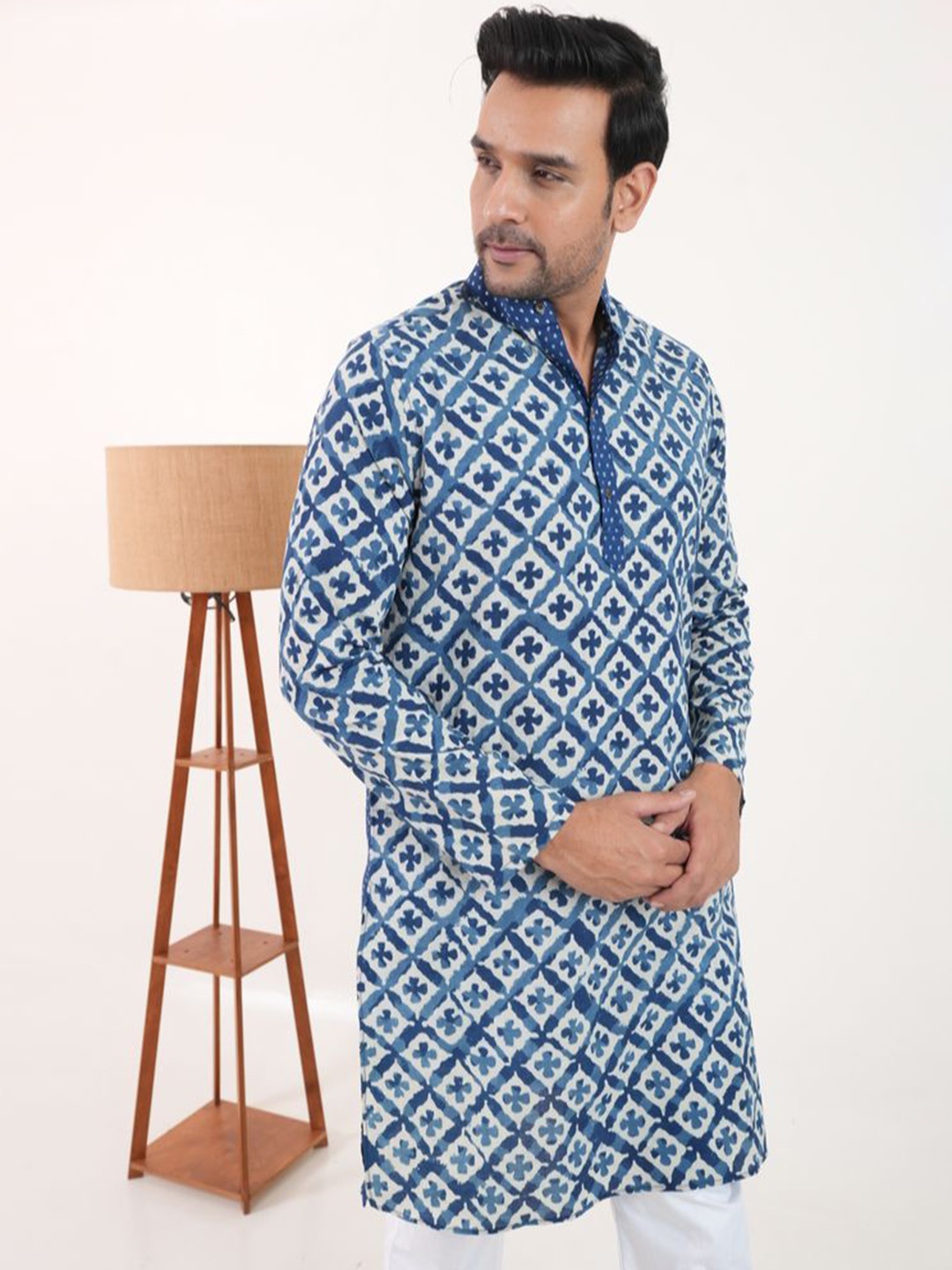 

Style Matters Men Geometric Printed Band Collar Straight Kurta, Blue