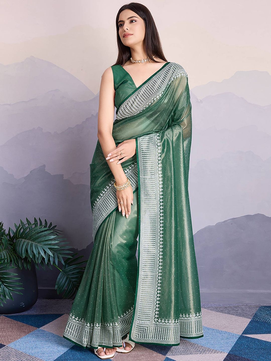 

Peachmode Woven Design Zari Net Saree, Green