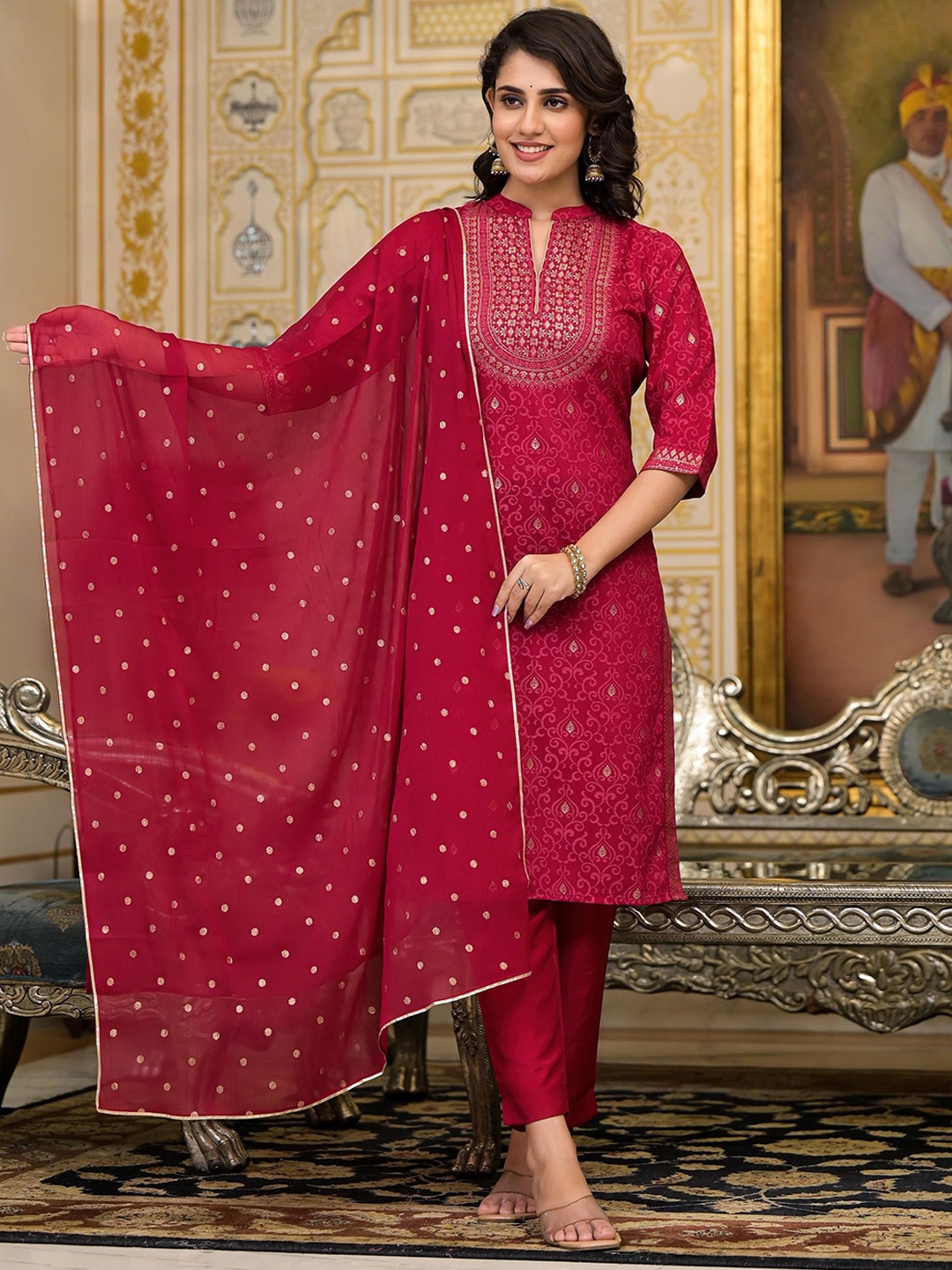 

Juniper Women Ethnic Motifs Printed Regular Kurta with Trousers & With Dupatta, Red