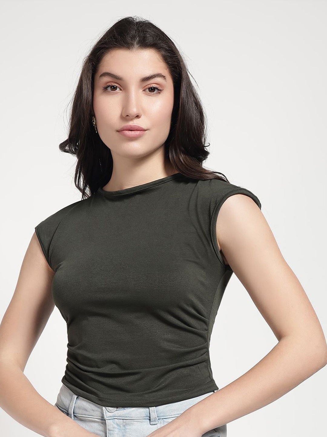 

The Roadster Lifestyle Co Pure Cotton Round Neck Crop Top, Green