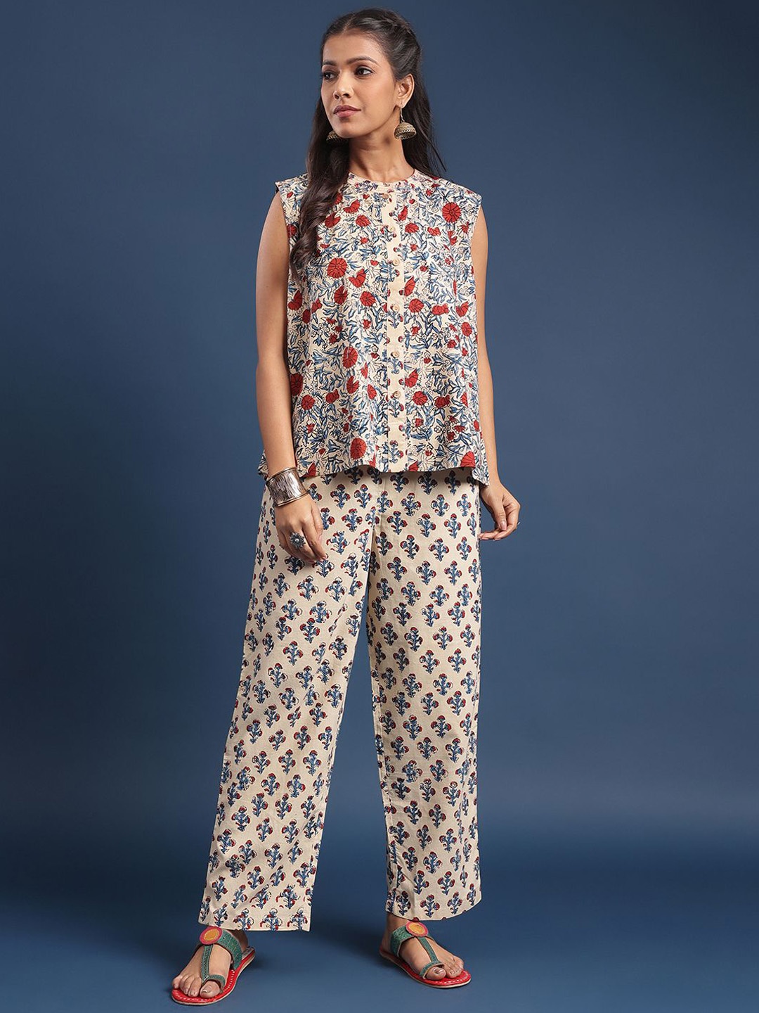

Taavi Printed Pure Cotton Sleeveless Top & Trousers Co-Ords, Beige
