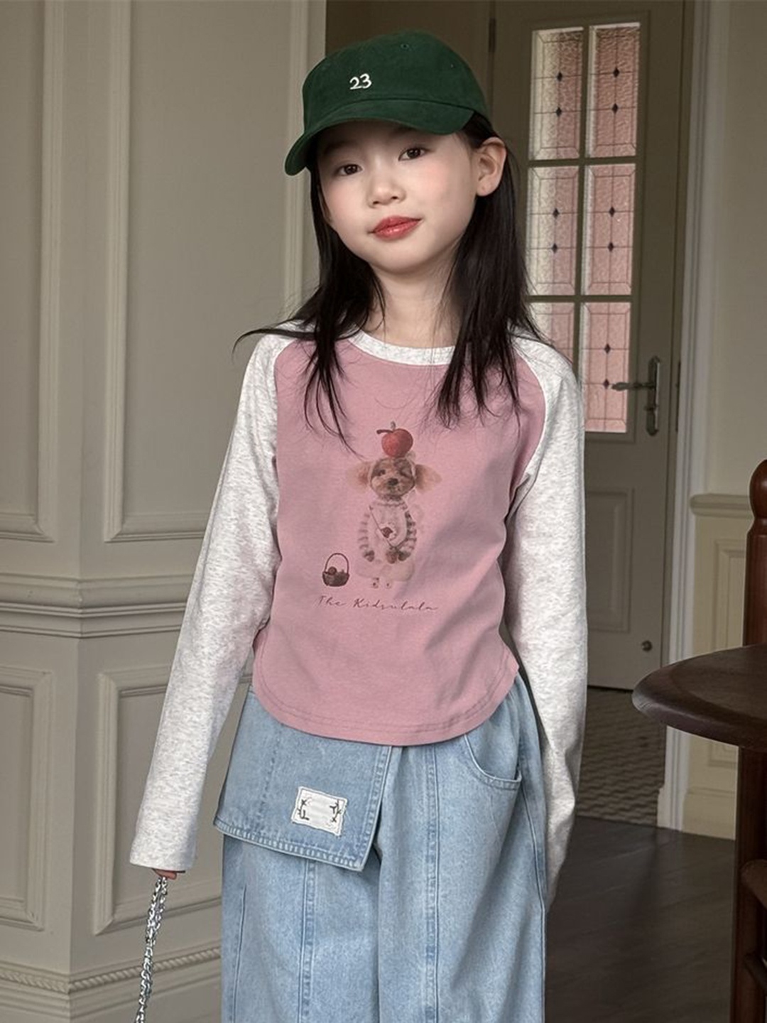 

LULU & SKY Girls V-Neck Extended Sleeves Pockets T-shirt, Pink