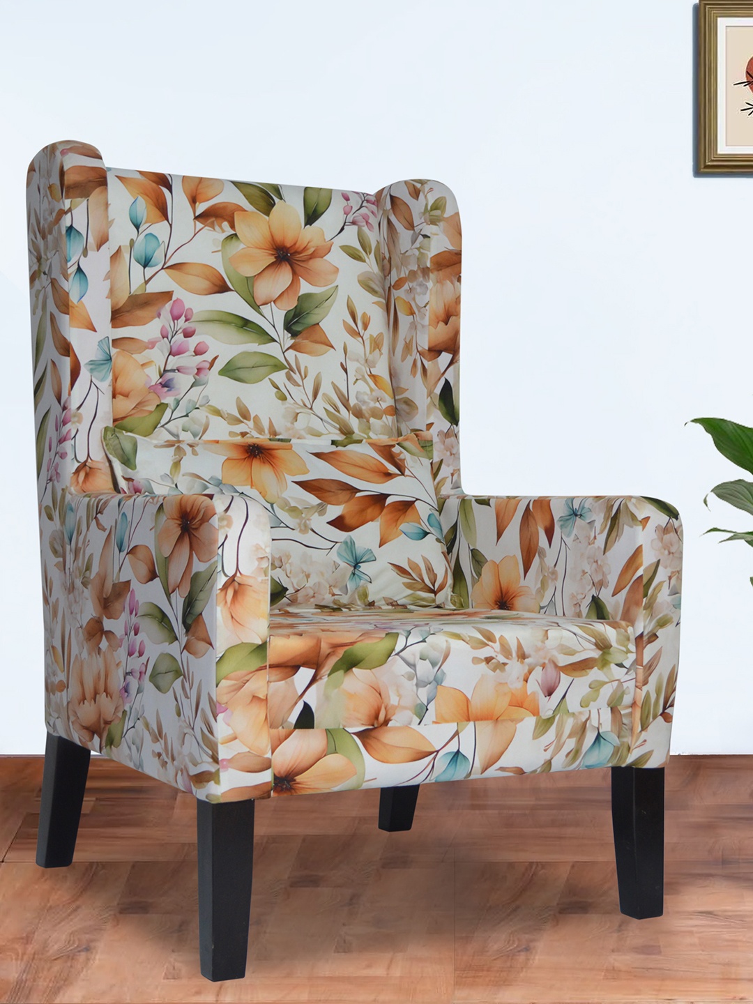 

GLOBALLY INDIAN Beige And Orange Printed Wingback Wooden Lounge Chair