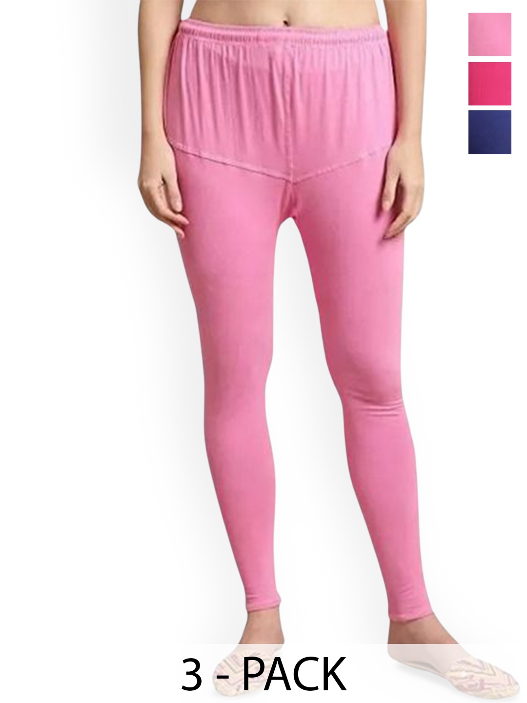 

URBAN KANYA Pack Of 3 Mid-Rise Churidar-Length Leggings, Pink