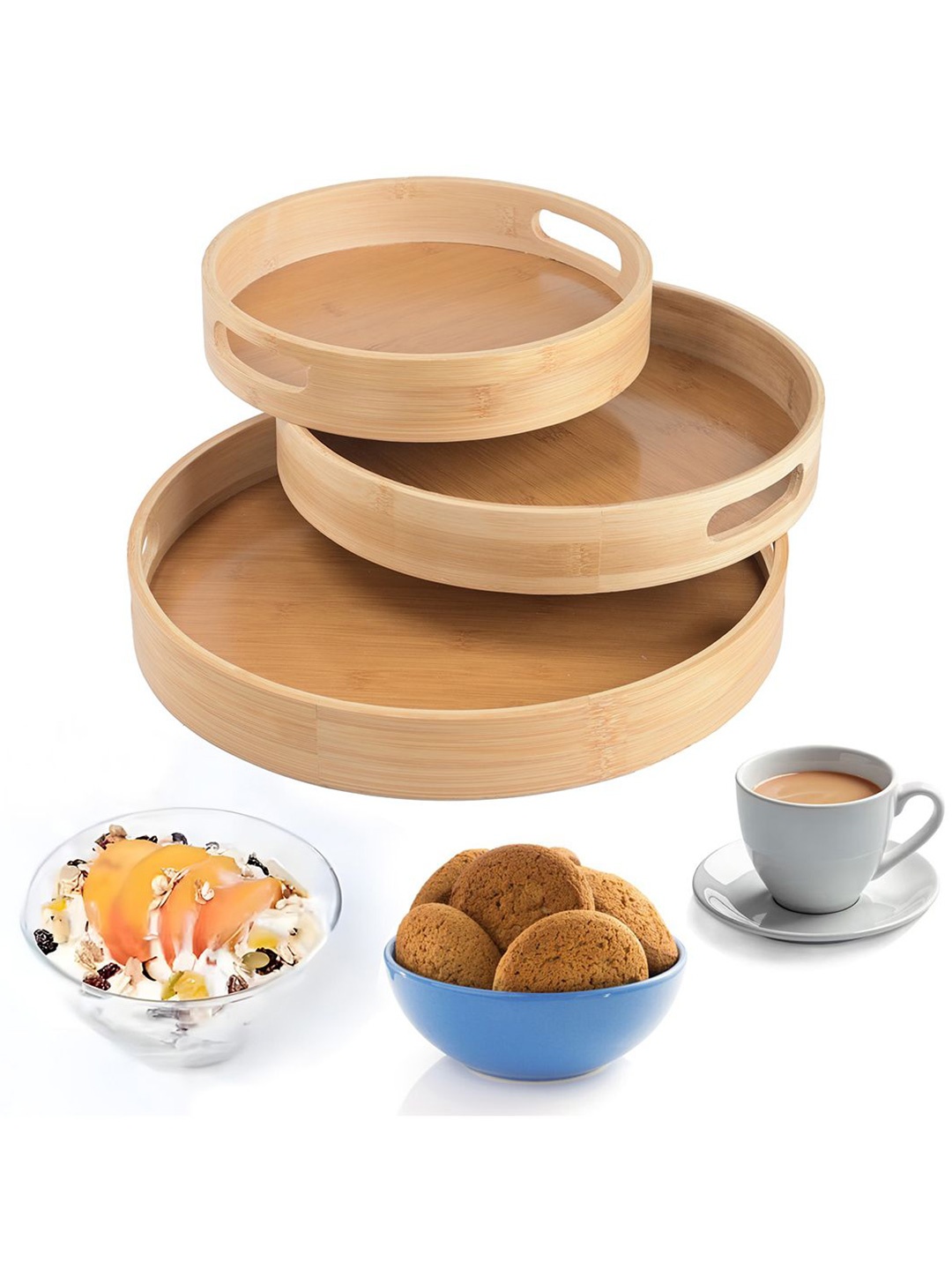 

Kuber Industries Brown 3 Pieces Bamboo Serving Trays With Handle