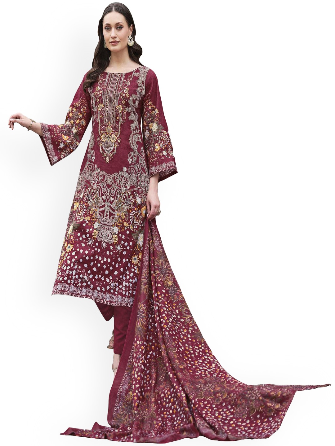 

DRAVINAM Trends Embroidered Pure Cotton Unstitched Dress Material, Maroon