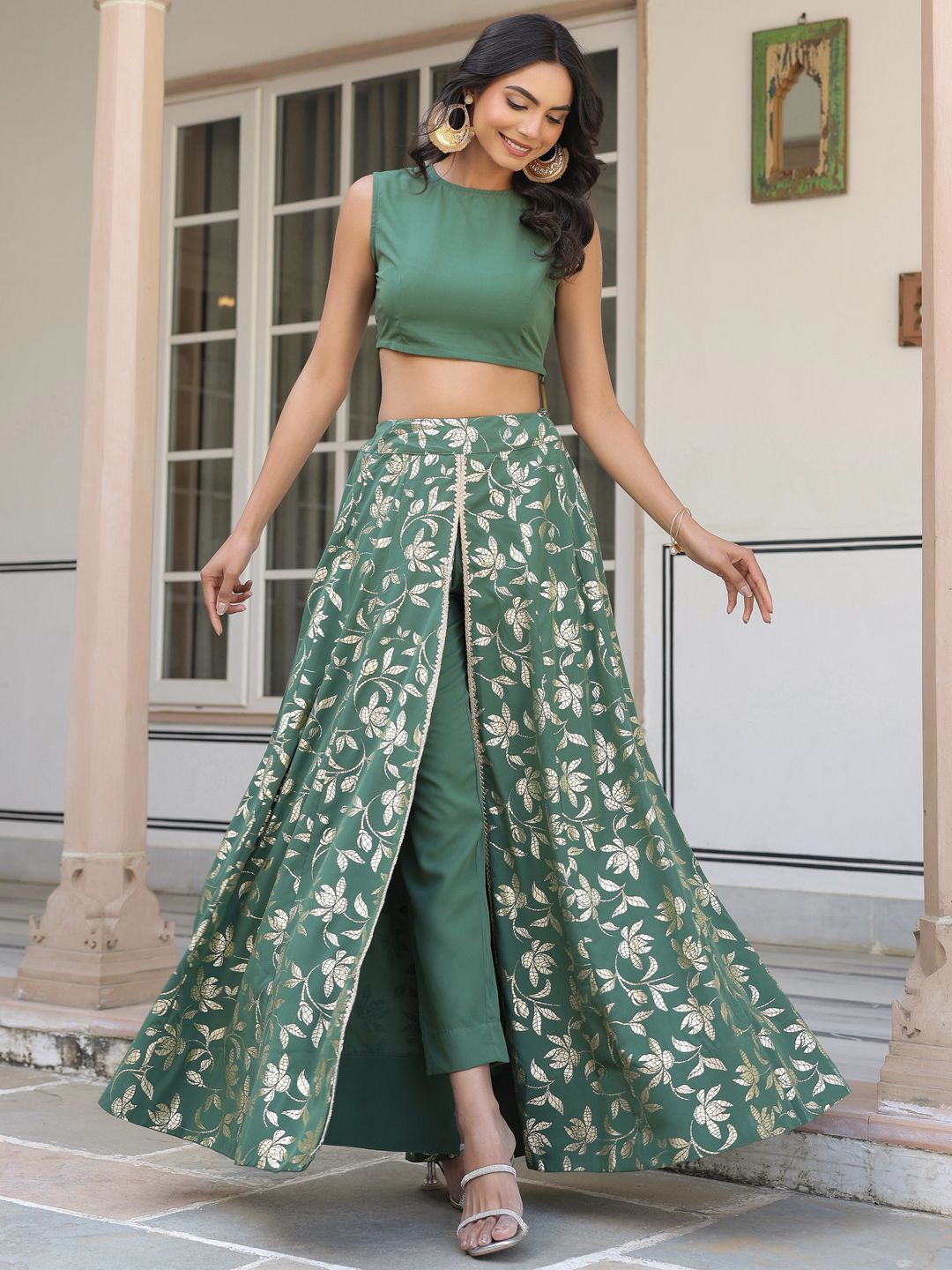 

Janasya Women's Olive Green Crepe Solid Lehenga Choli With Pant