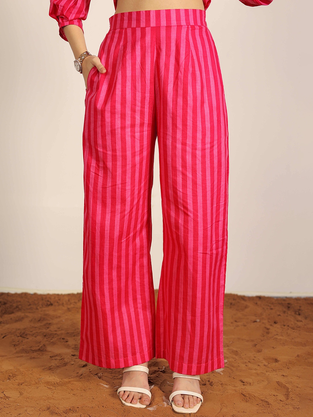 

KAORI BY SHREYA AGARWAL Women Striped Trousers, Red