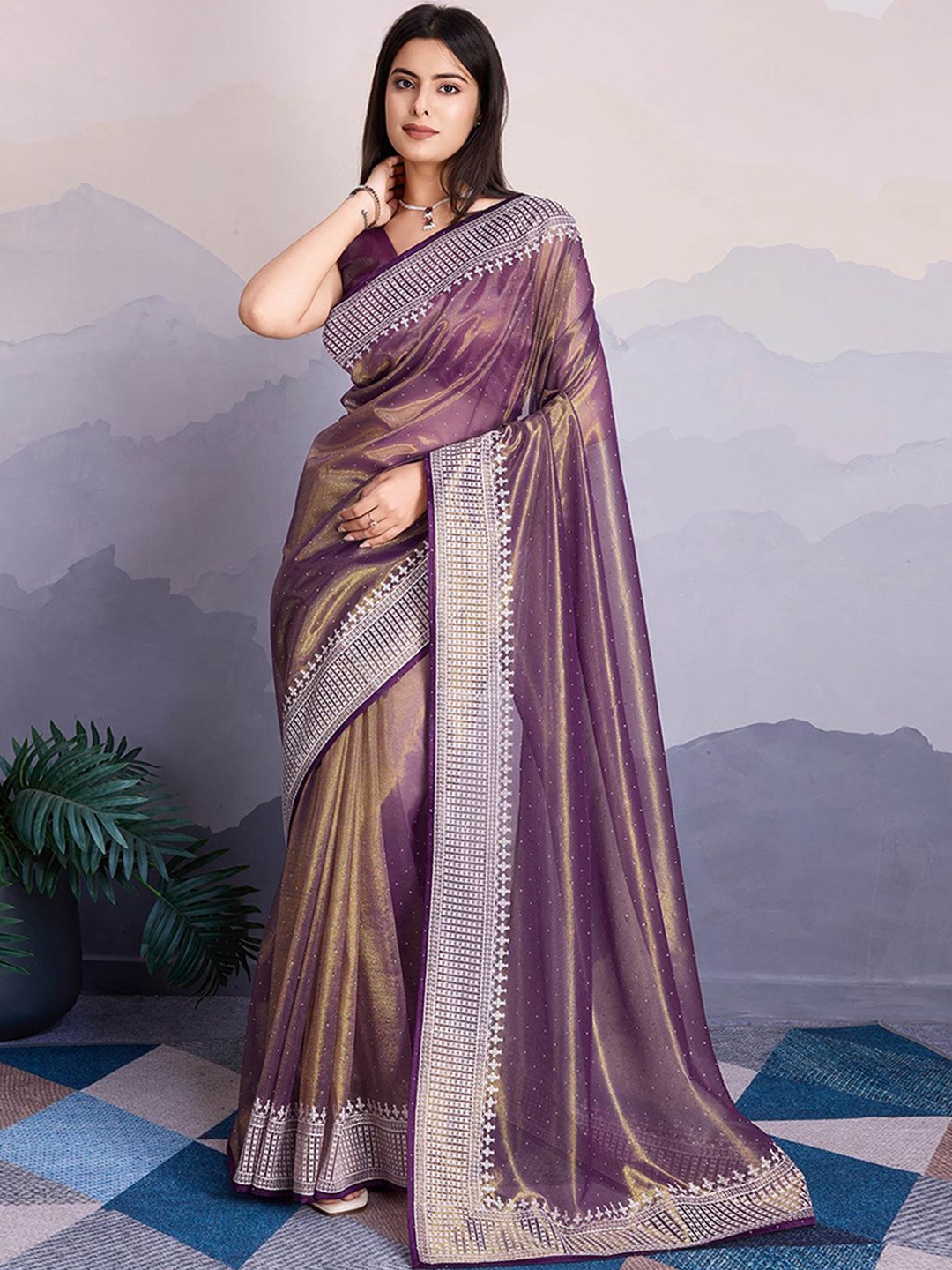 

Peachmode Embellished Beads and Stones Net Saree, Purple