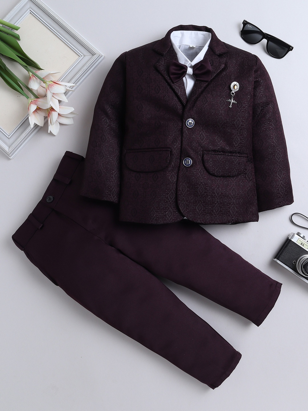 

FOURFOLDS Boys Self-Design Single-Breasted Three-Piece Party Suit, Burgundy