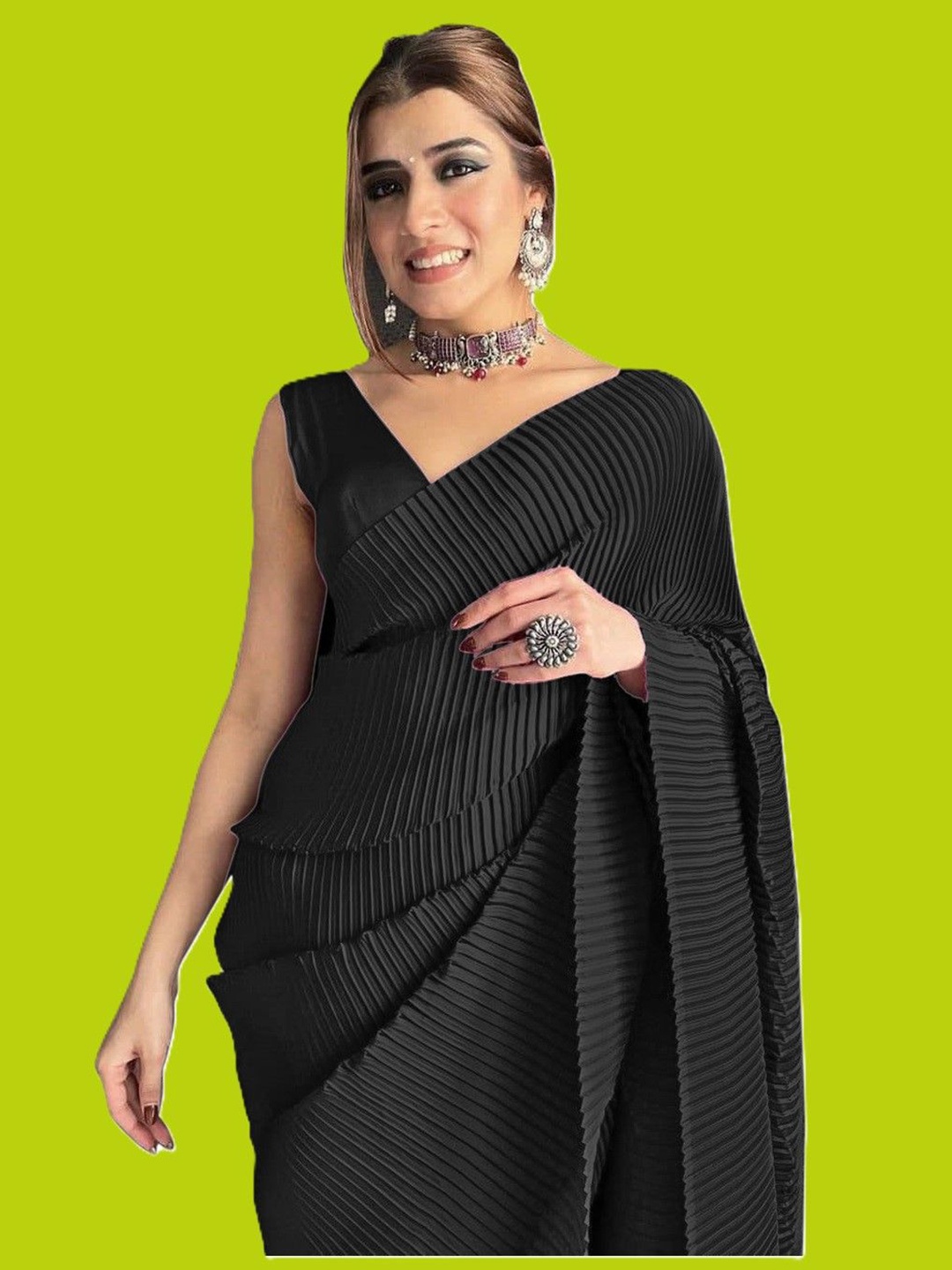 

Moda Rapido Striped Satin Saree, Black