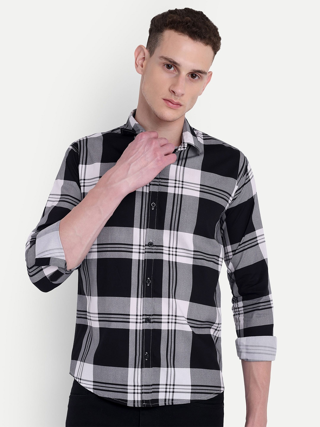

Moda Rapido Men Classic Gingham Checks Opaque Checked Casual Shirt, Black