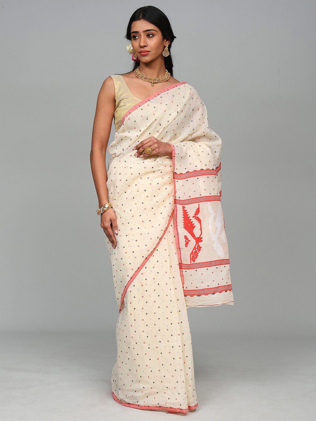 

Exotic India Pure Cotton Jamdani Saree, Off white
