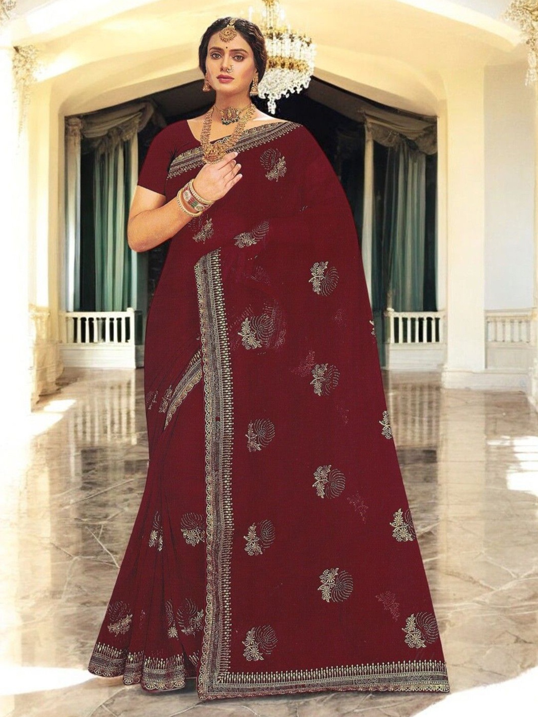 

SHOPPKEE Embellished Beads and Stones Poly Georgette Banarasi Saree, Maroon