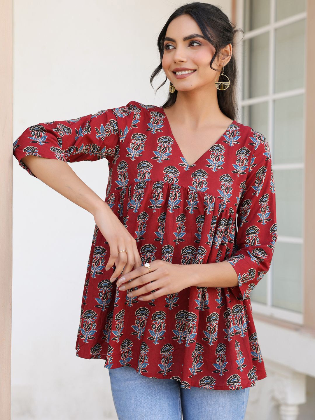 

KALINI Floral Print Cotton Top, Maroon