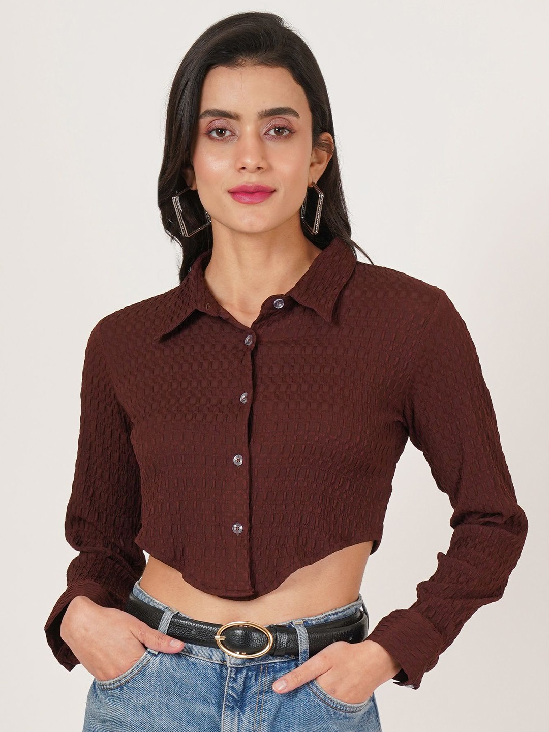 

U&F Women Original Slim Fit Polka Dot Opaque Casual Shirt, Brown
