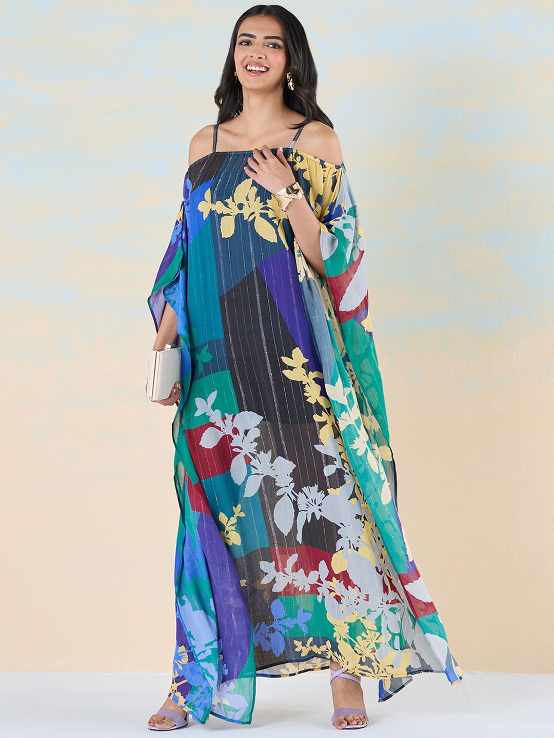 

navyasa by liva Floral Print Flared Sleeve Liva Kaftan Top, Green