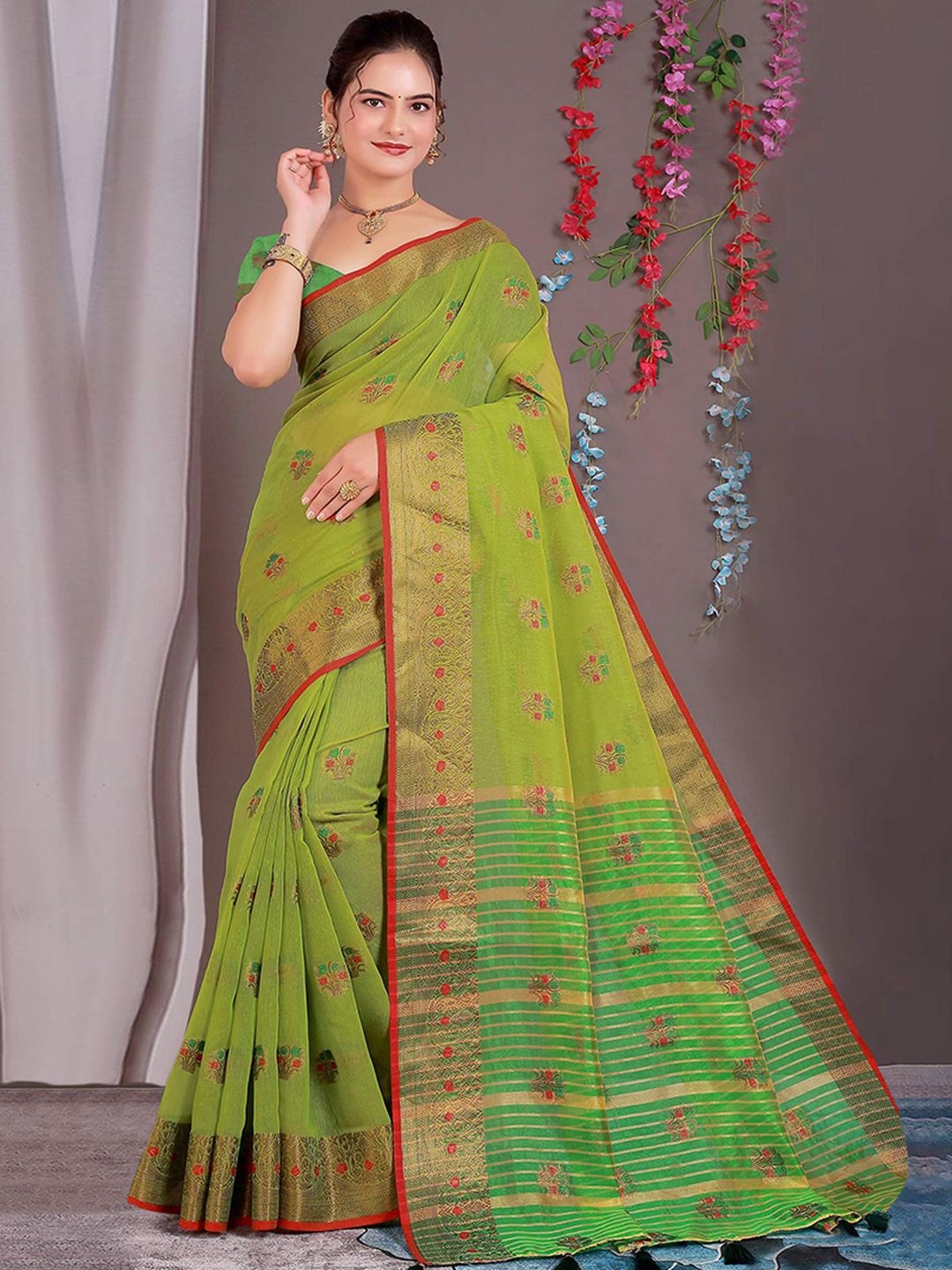 

Peachmode Woven Design Zari Silk Cotton Saree, Green