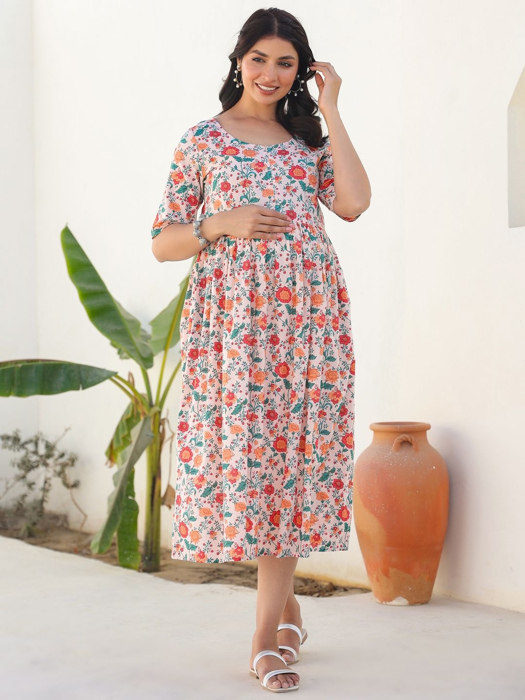 

Janasya Women's Peach Pure Cotton Floral Printed Fit & Flare Maternity Dress