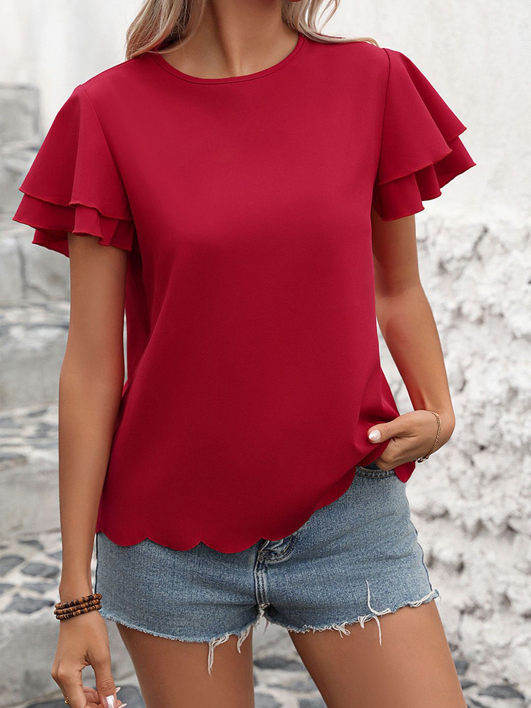

JC Mode Flutter Sleeve Top, Red